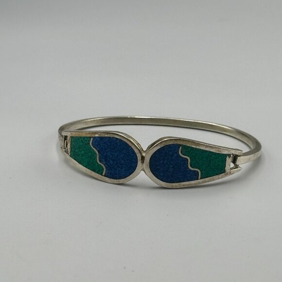 Vintage Alpaca Silver Bracelet Blue Green Inlay Geometric Hinged Cuff 7 Inch - Picture 7 of 15